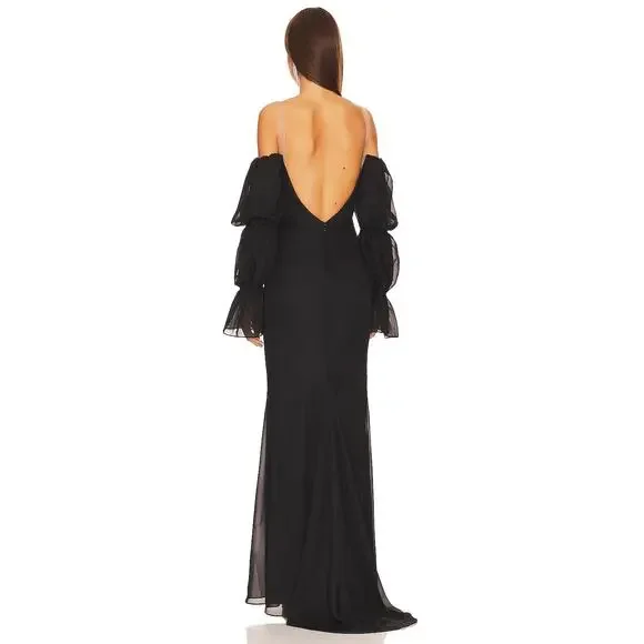Katie May Estella Gown Maxi Dress Off The Shoulder Chiffon Ruffle Black Size XS